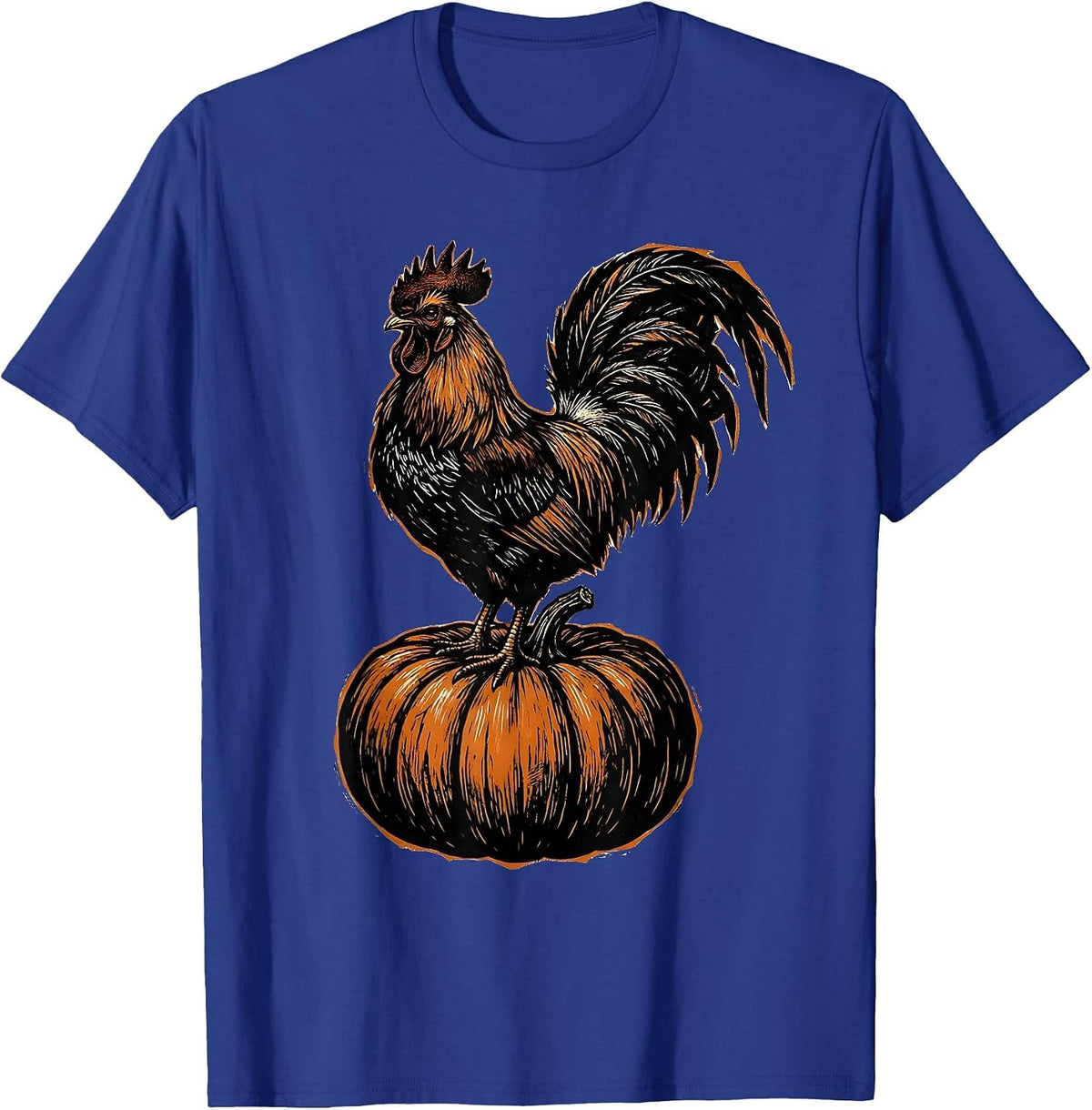 Rooster on a Pumpkin Proud Harvest Illustration T-Shirt - Royal Blue