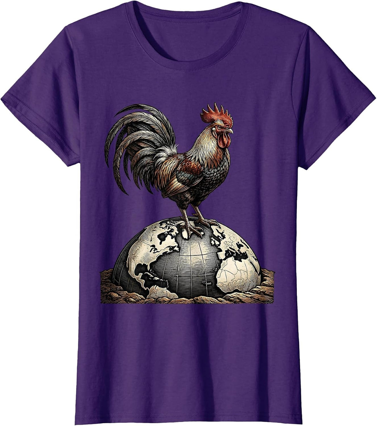 Women's Rooster on the Globe Graphic Design T-Shirt - Purple