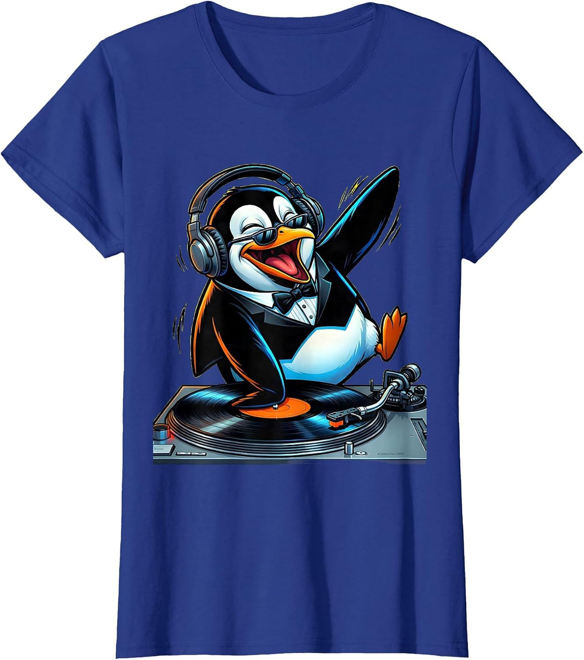 Women's Penguin DJ Spinning Records Turntable Graphic T-Shirt - Royal Blue