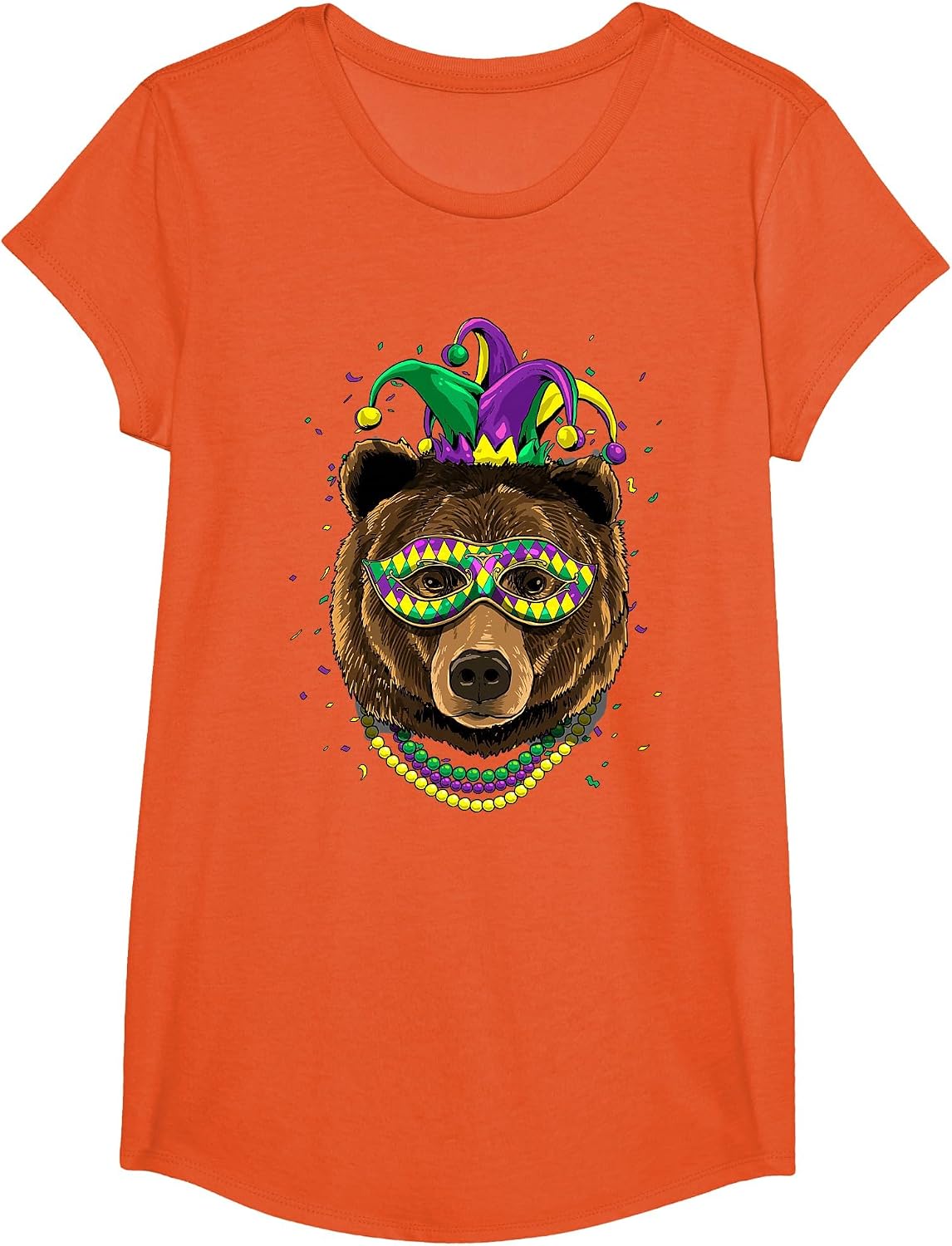 Bear Animal Lover Cute Mardi Gras Carnival Jester T-Shirt, Girls, Orange, Small - As Pictured
