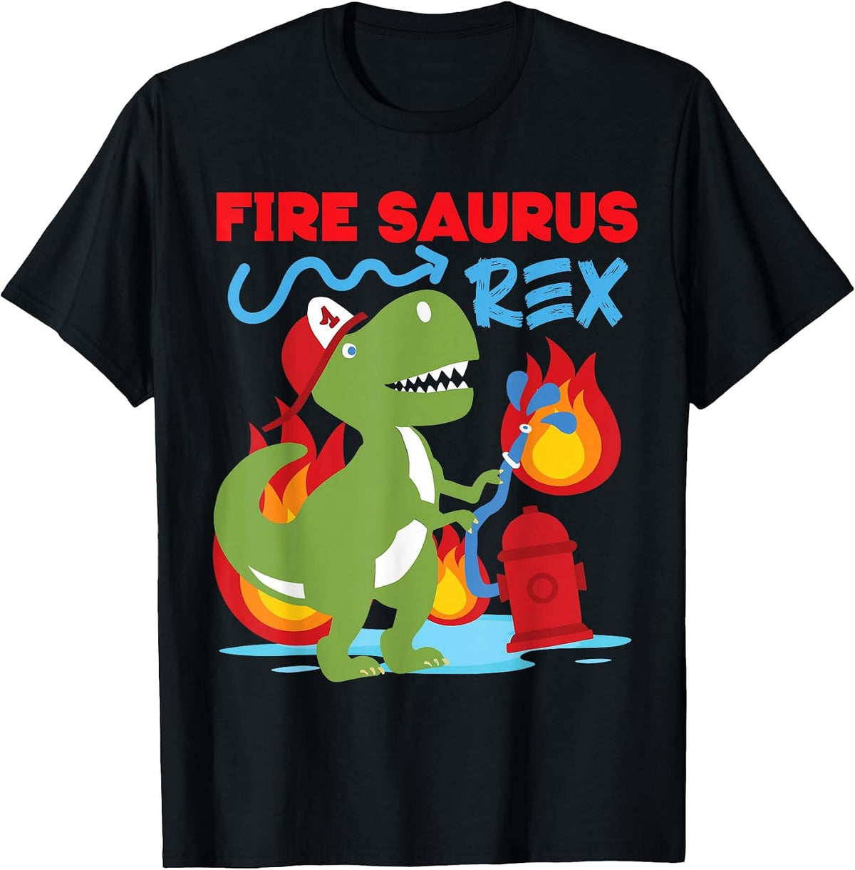 Fire Saurus Rex Firefighter Dinosaur T-Shirt - Black