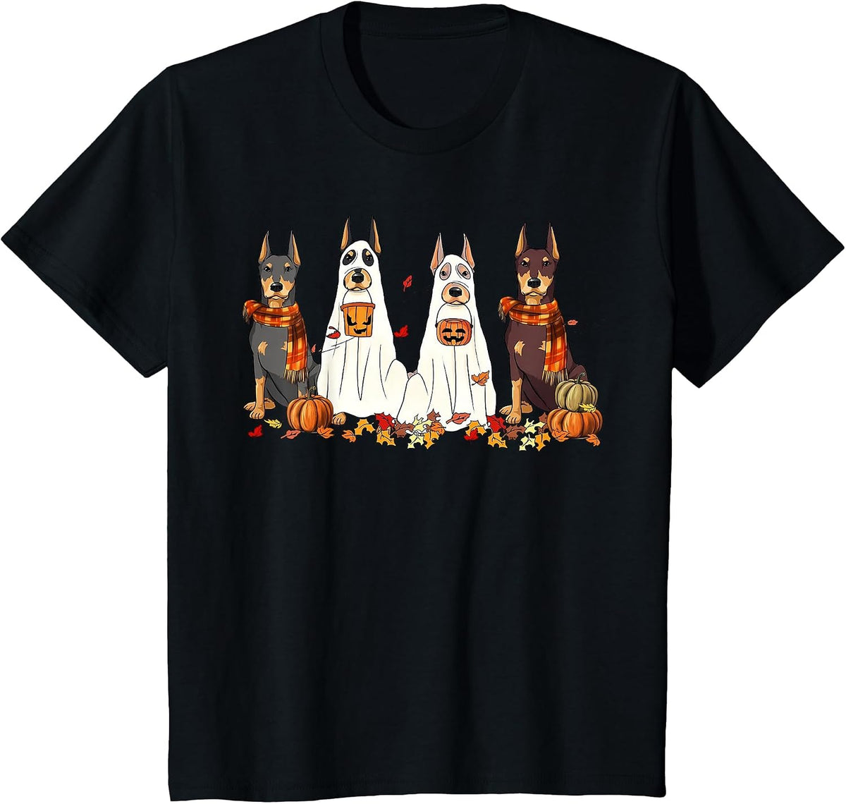 Funny Doberman Dog Ghost Fall Autumn Leaves Thanksgiving T-Shirt - Black