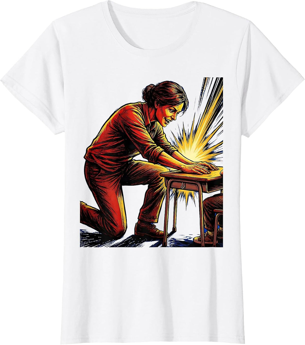 Women's SPED Teacher Kneeling at Student Desk Illustration T-Shirt - White