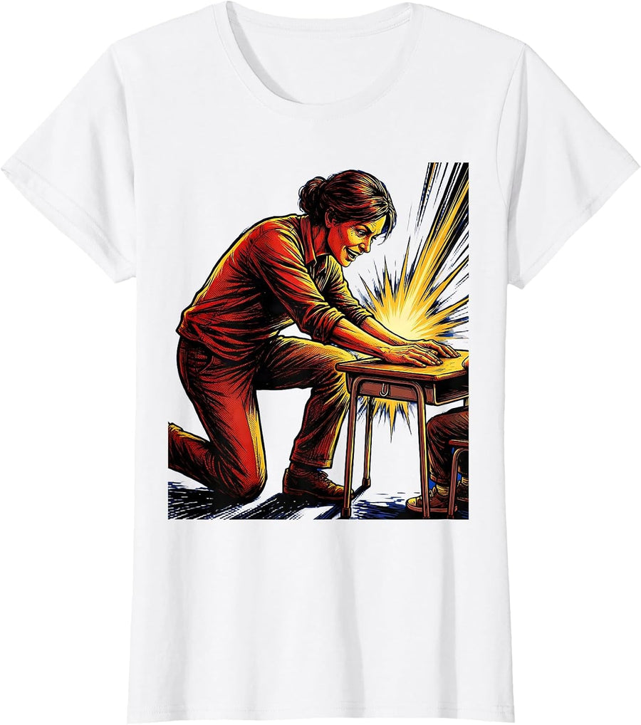 Women's SPED Teacher Kneeling at Student Desk Illustration T-Shirt - White