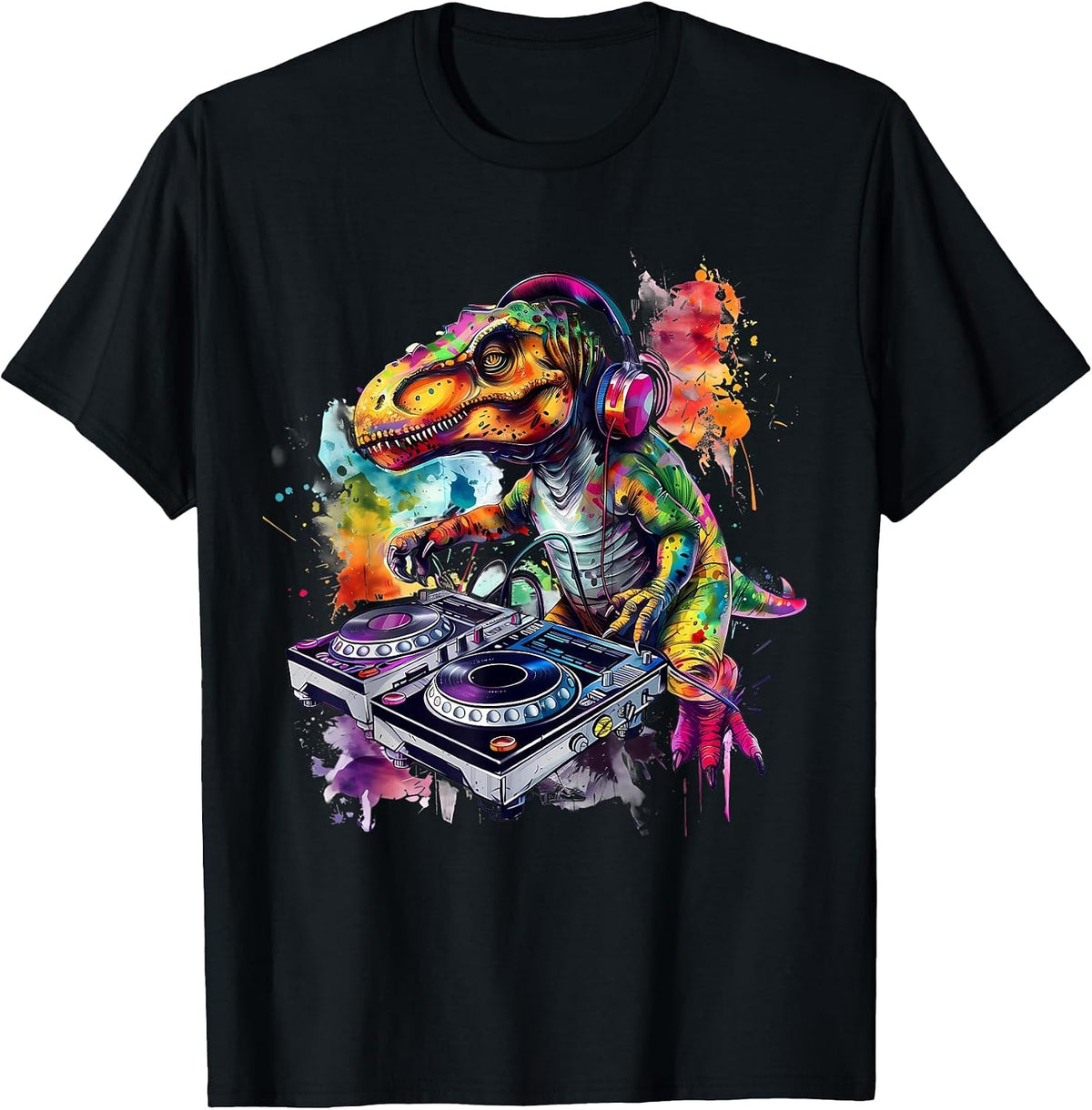 DJ Dinosaur Techno Artwork Turntable DJ Dinosaur Beatmaker T-Shirt - Black