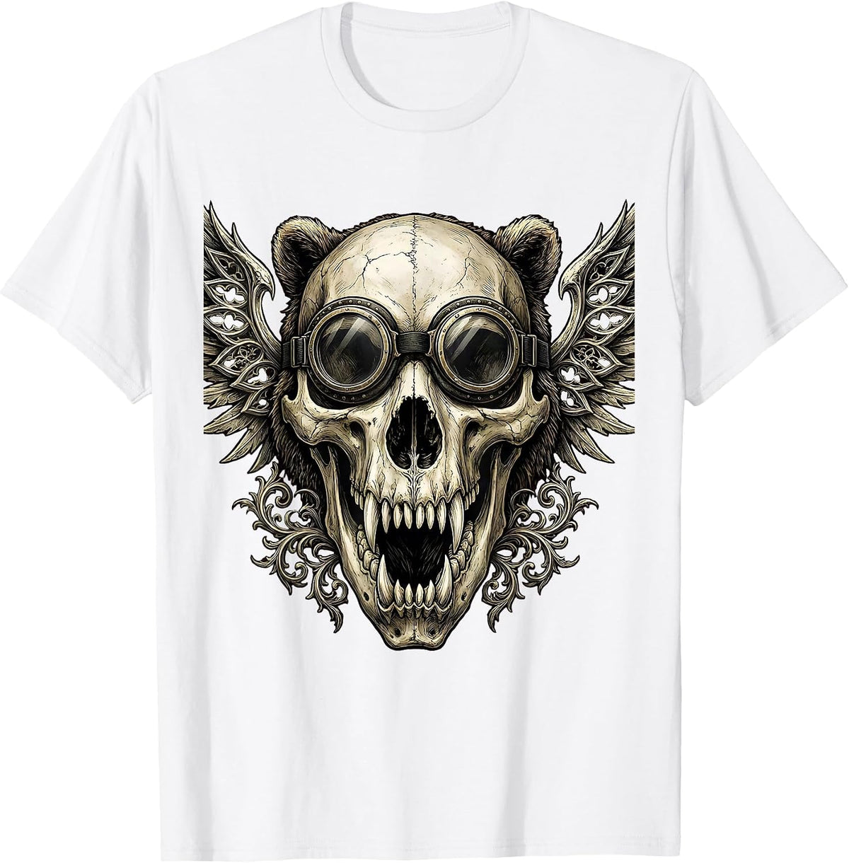 Men's Bear Skull Motorcycle Goggles Biker Graphic T-Shirt - White