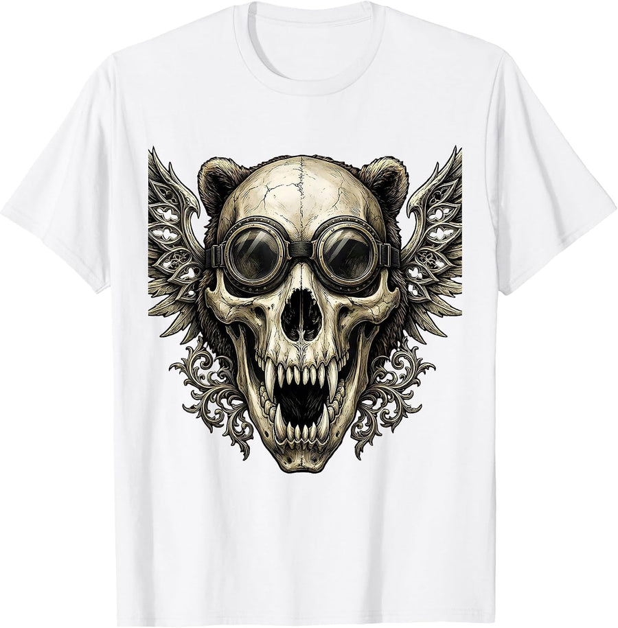 Men's Bear Skull Motorcycle Goggles Biker Graphic T-Shirt - White