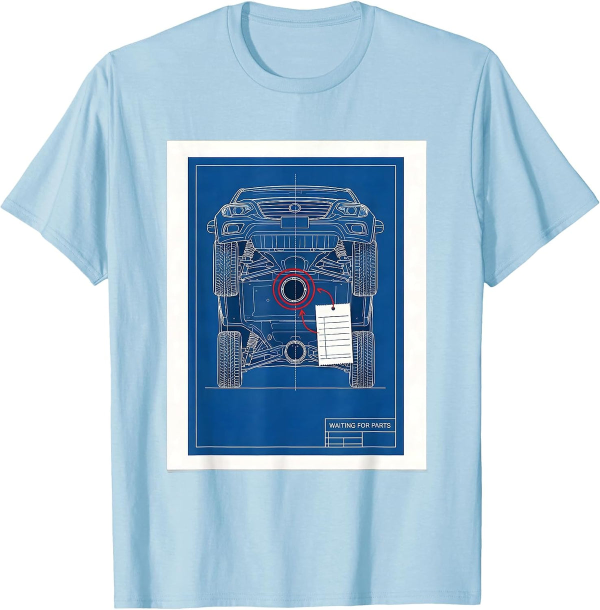 Men's Waiting For Parts Technical Blueprint Mechanic Skeleton Auto T-Shirt - Baby Blue