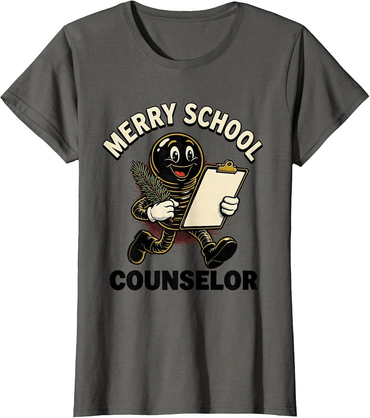 Women's Merry School Counselor Retro Cartoon Christmas Nice List T-Shirt - Asphalt Grey