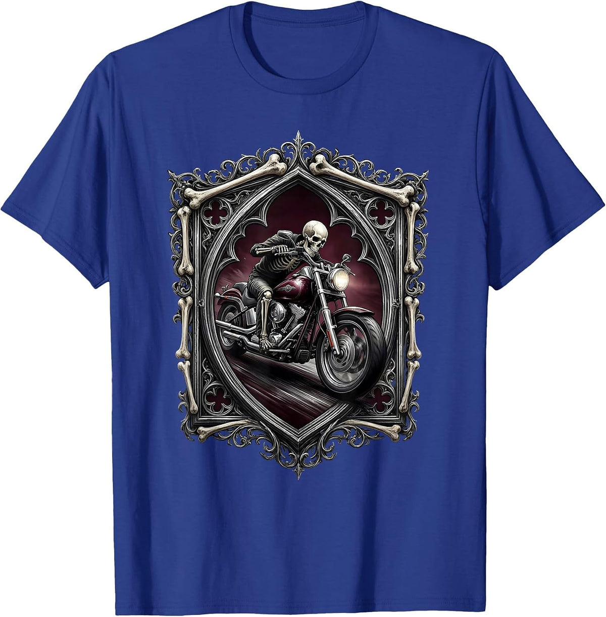 Men's Skeleton Biker Leaning Into Curve Motorcycle Art T-Shirt - Royal Blue