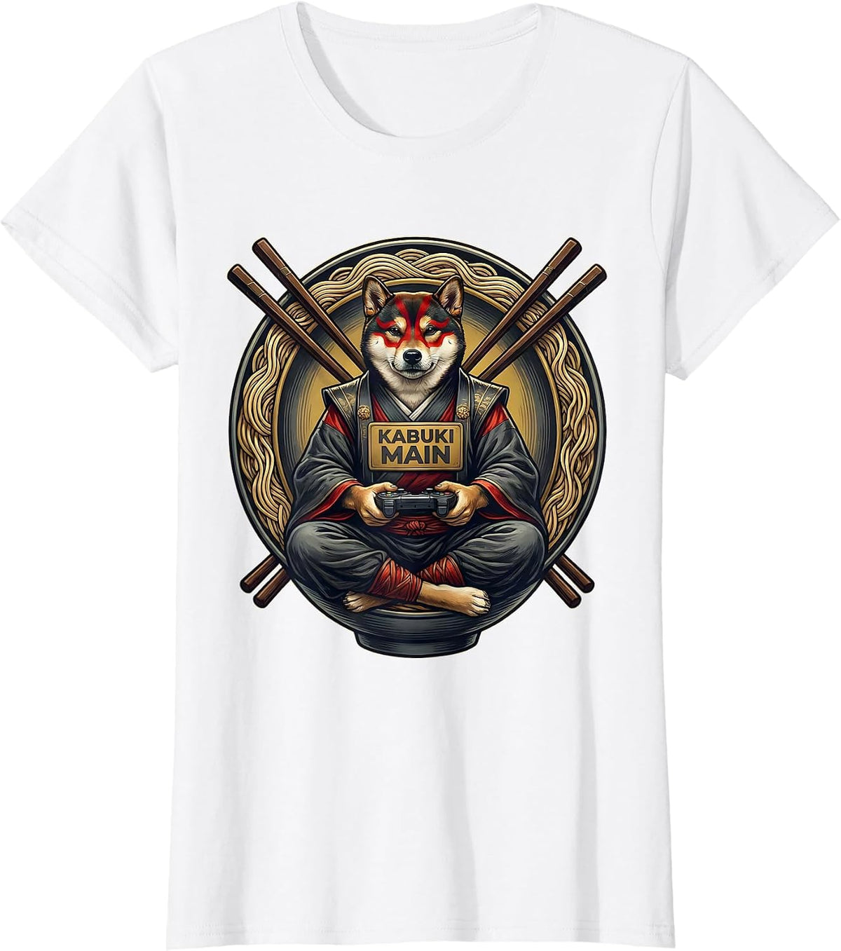 kabuki main Funny Anime Cat Gamer Ramen Bowl Emblem T-Shirt - White