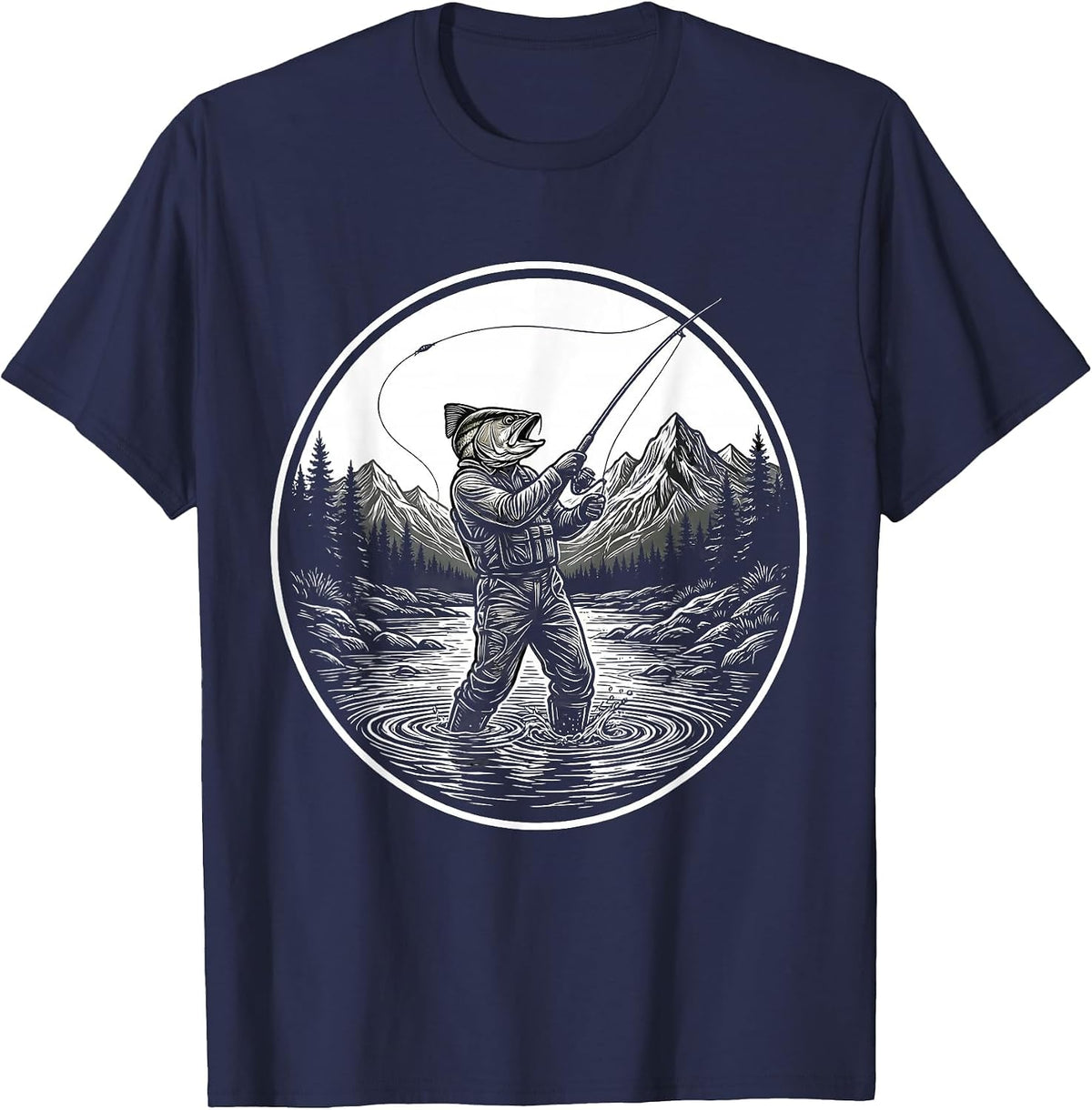 Fly Fishing Angler Casting in Mountain Stream T-Shirt - Navy Blue
