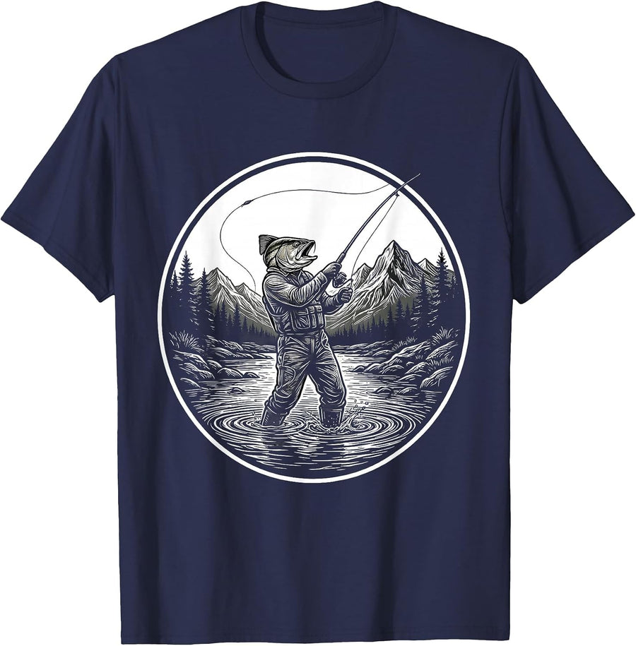 Fly Fishing Angler Casting in Mountain Stream T-Shirt - Navy Blue