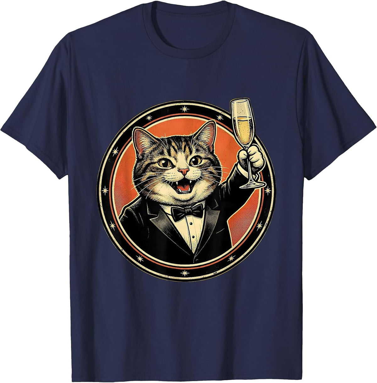 Men's Fancy Cat in Tuxedo with Champagne Glass T-Shirt - Navy Blue