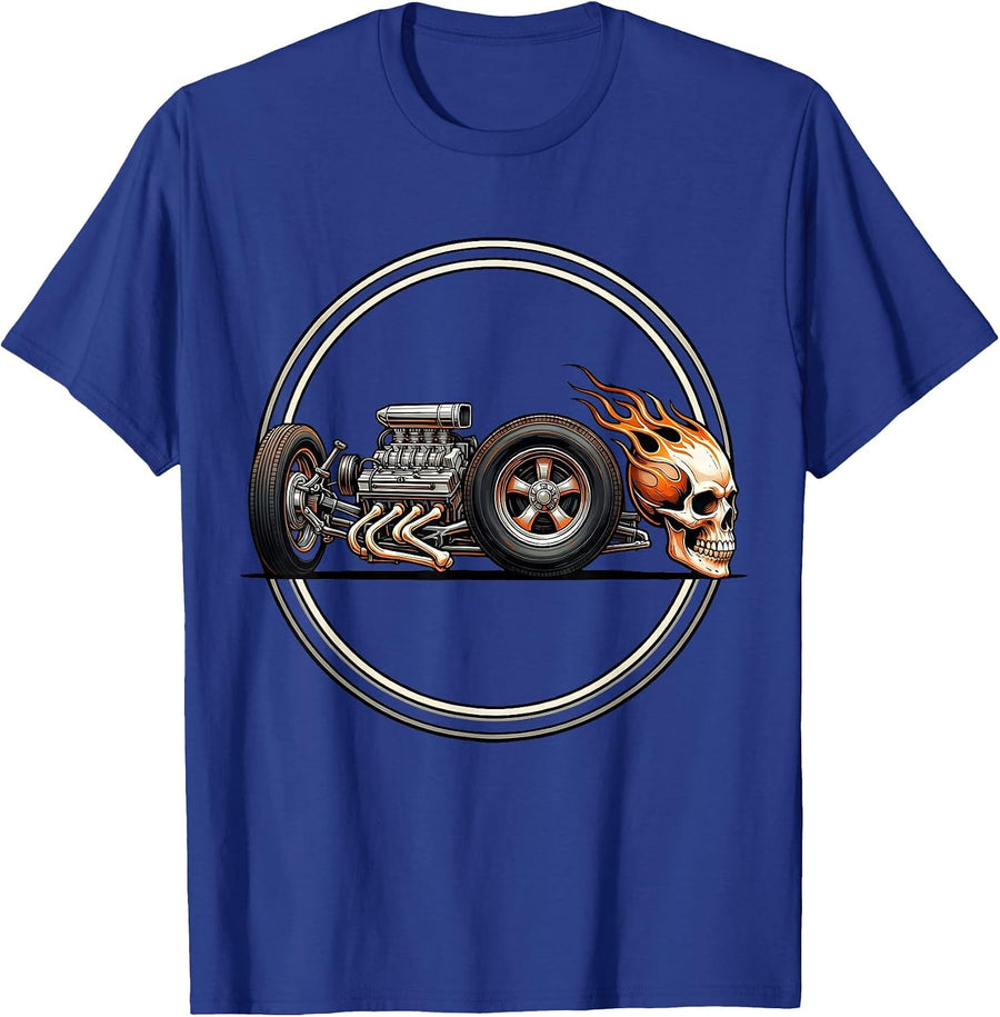 Skeletal Hot Rod Desert Flames Racing Graphic T-Shirt - Royal Blue