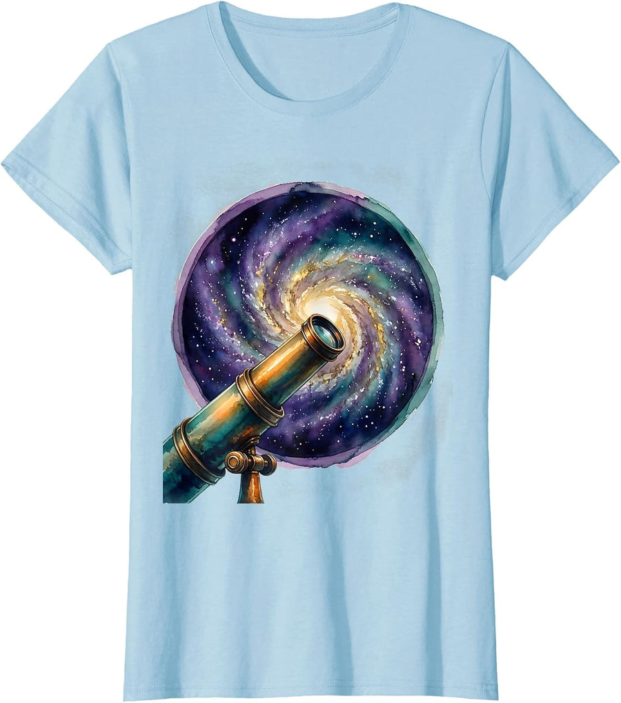 Women's Autism Awareness Telescope Galaxy Illustration T-Shirt - Baby Blue