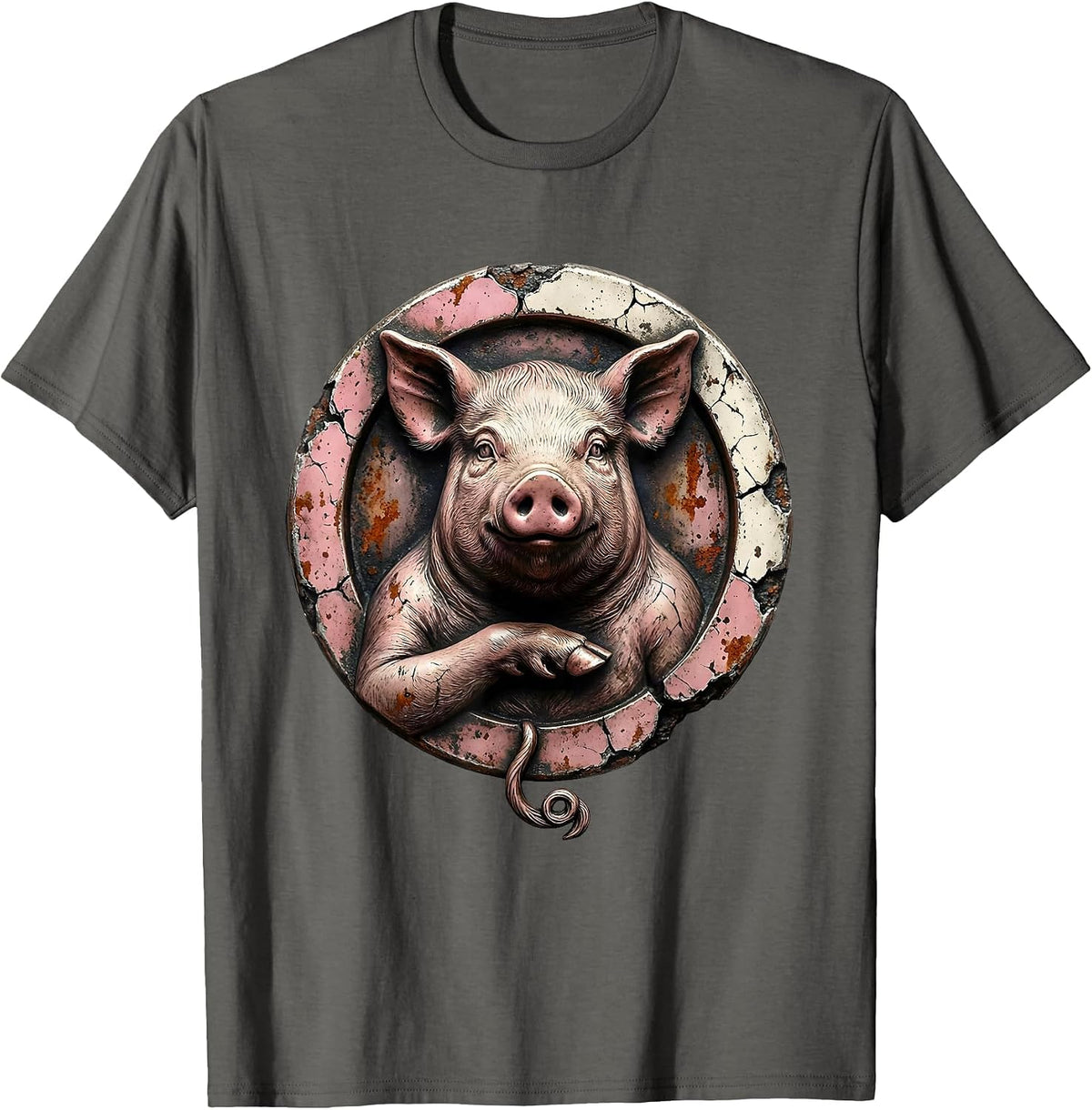 Men's Distressed Pig Badge Farm Animal Lover Humor T-Shirt - Asphalt Grey