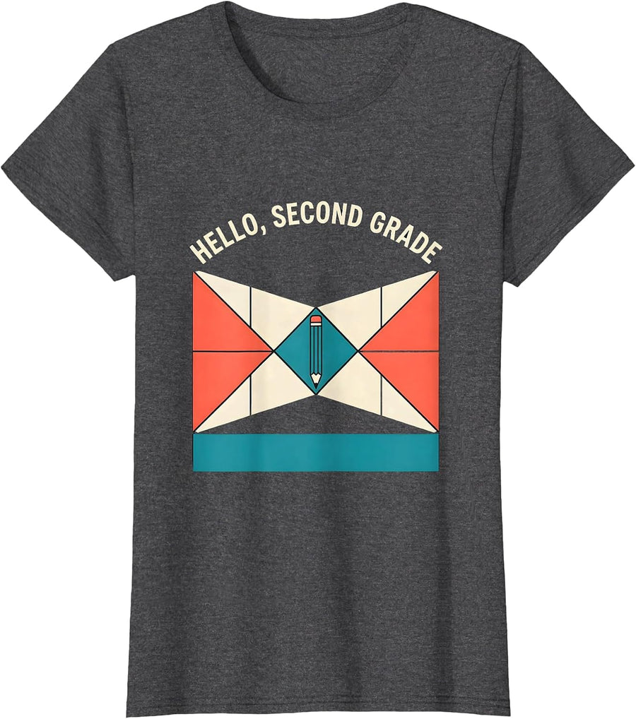 Women's Hello, Second Grade Coquette Bow Back to School Pencil T-Shirt - Dark Heather Grey