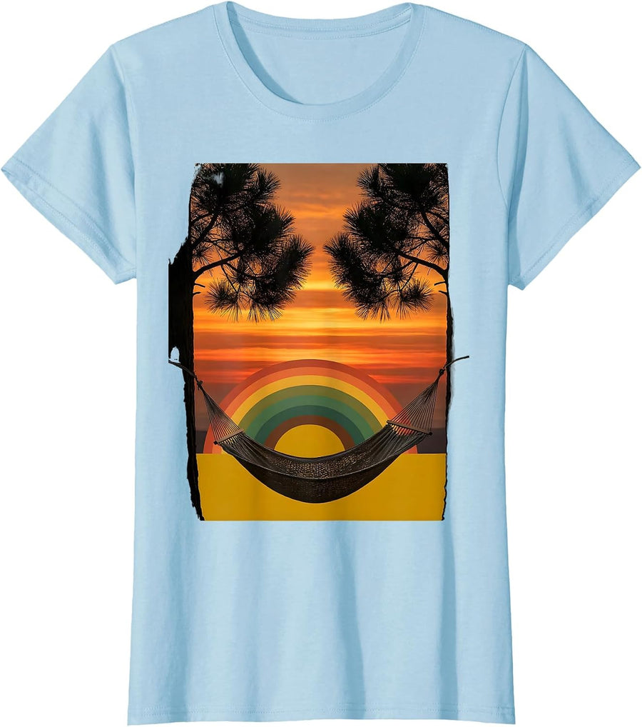 Women's Hammock Pine Trees Camping Illustration T-Shirt - Baby Blue
