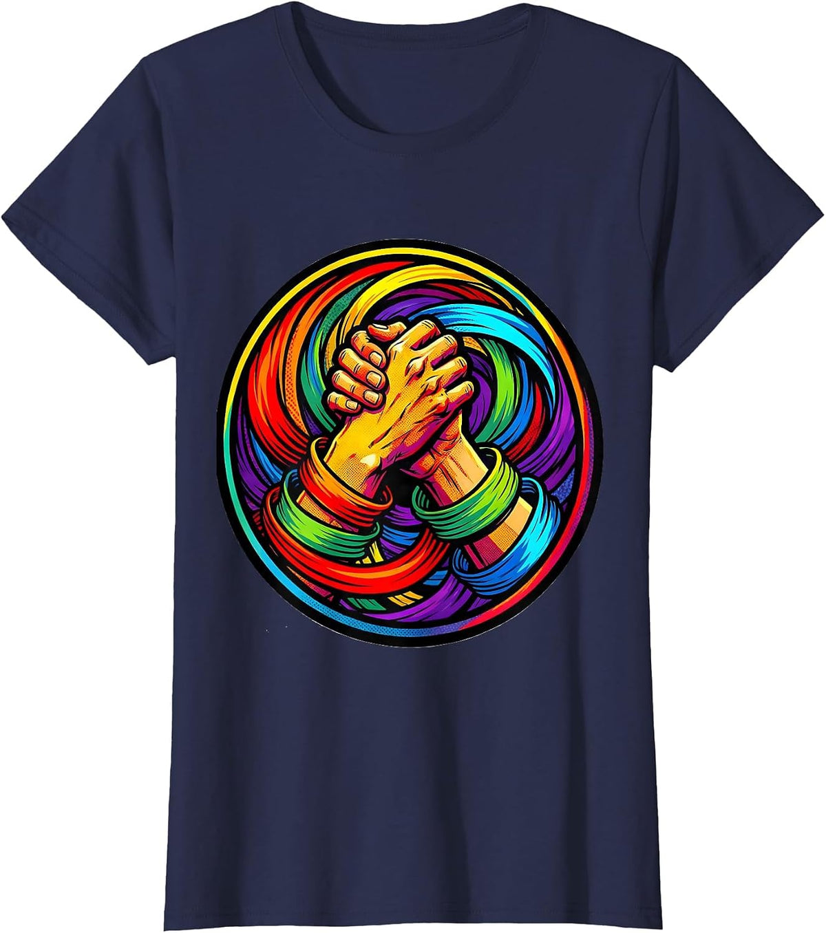 Women's Rainbow Ribbon Hands Gay Pride Graphic T-Shirt - Navy Blue
