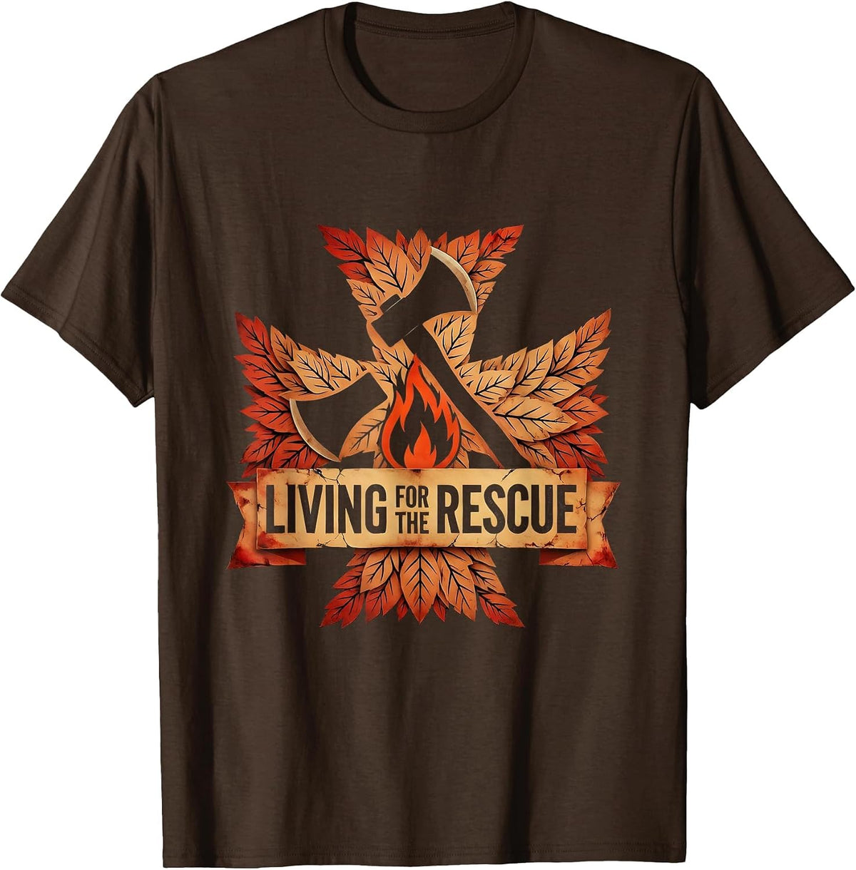 Living for the Rescue Firefighter Design T-Shirt - Brown
