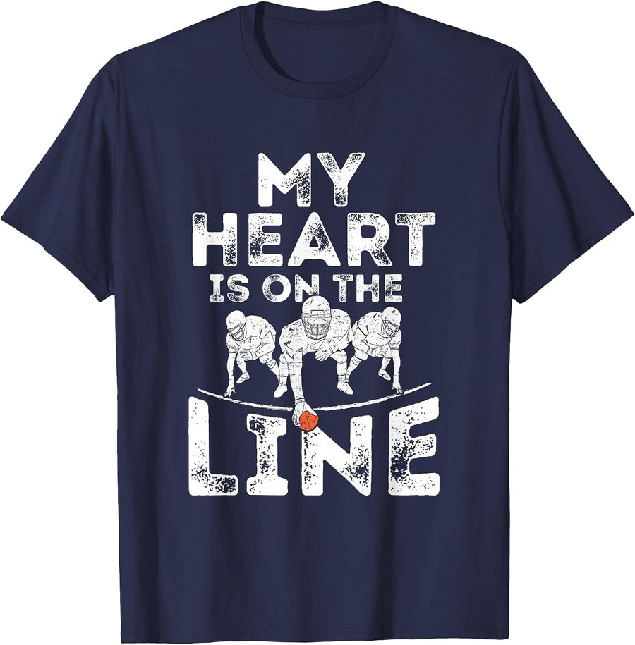 My Heart is On The Line Football Offensive Lineman Tee T-Shirt - Navy Blue