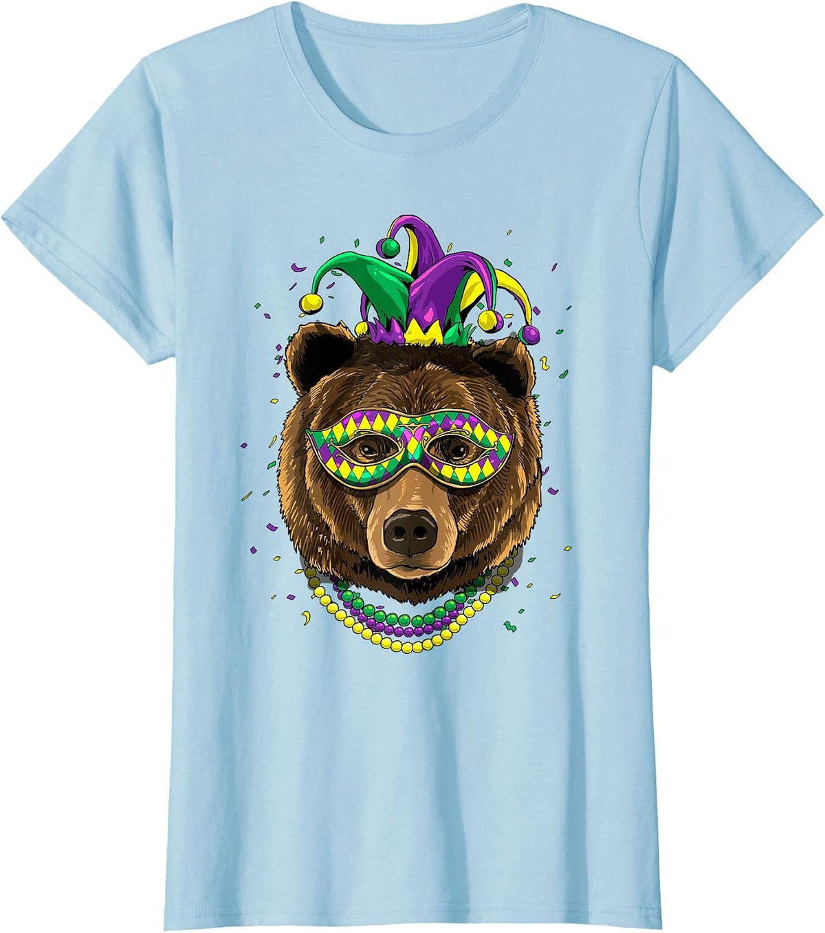 Bear Animal Lover Cute Mardi Gras Carnival Jester T-Shirt, Women, Baby Blue, Small - As Pictured