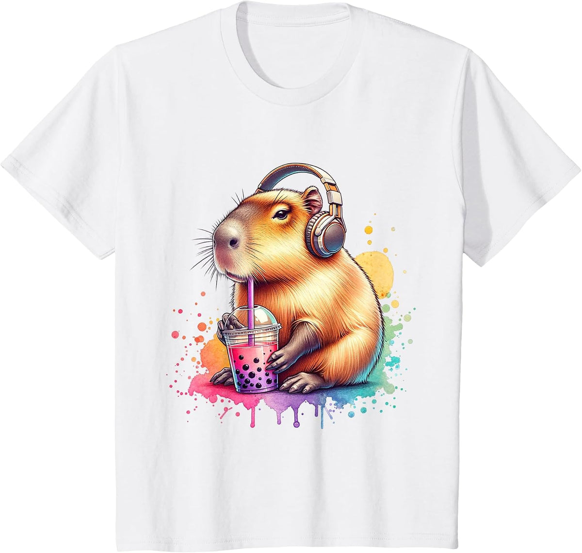 Funny Capybara Listening to Music and Drinking Boba. Boba T-Shirt - White