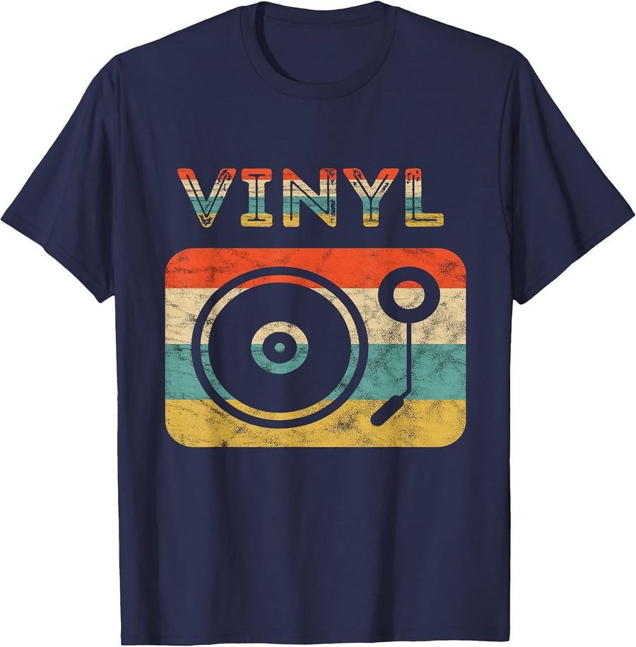 Record Player Vinyl Retro Vintage Sunset LP EP Turntable T-Shirt - Navy Blue