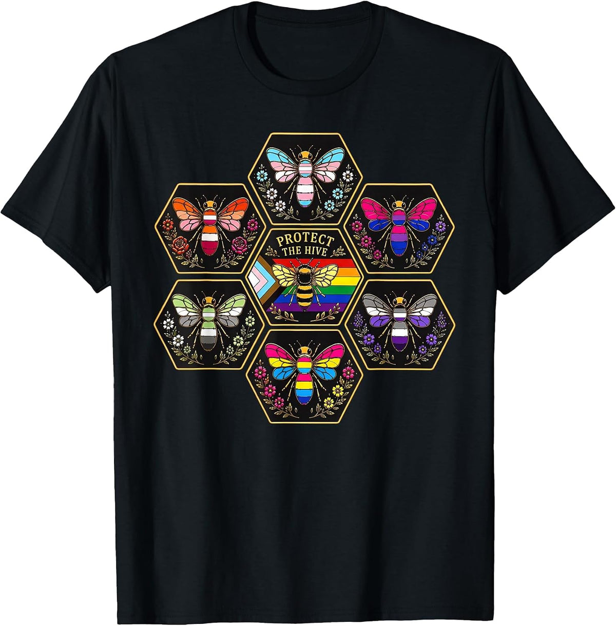 Protect the Hive LGBTQ Bee Bisexual Nature Gay Pride Support T-Shirt - Black