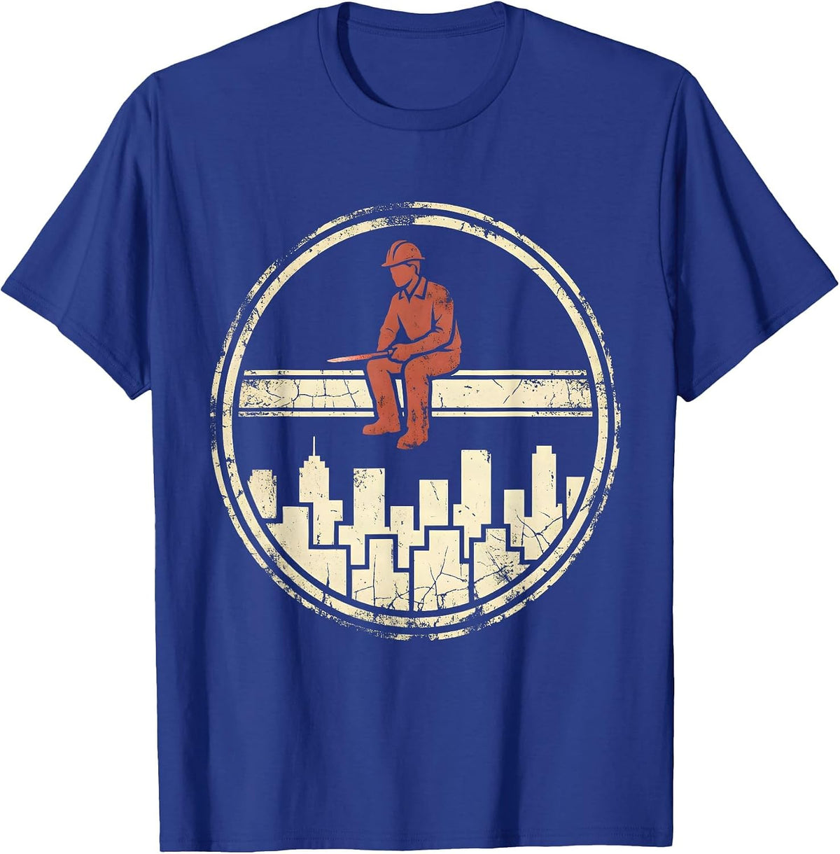 Ironworker on Beam Above City Skyline T-Shirt - Royal Blue