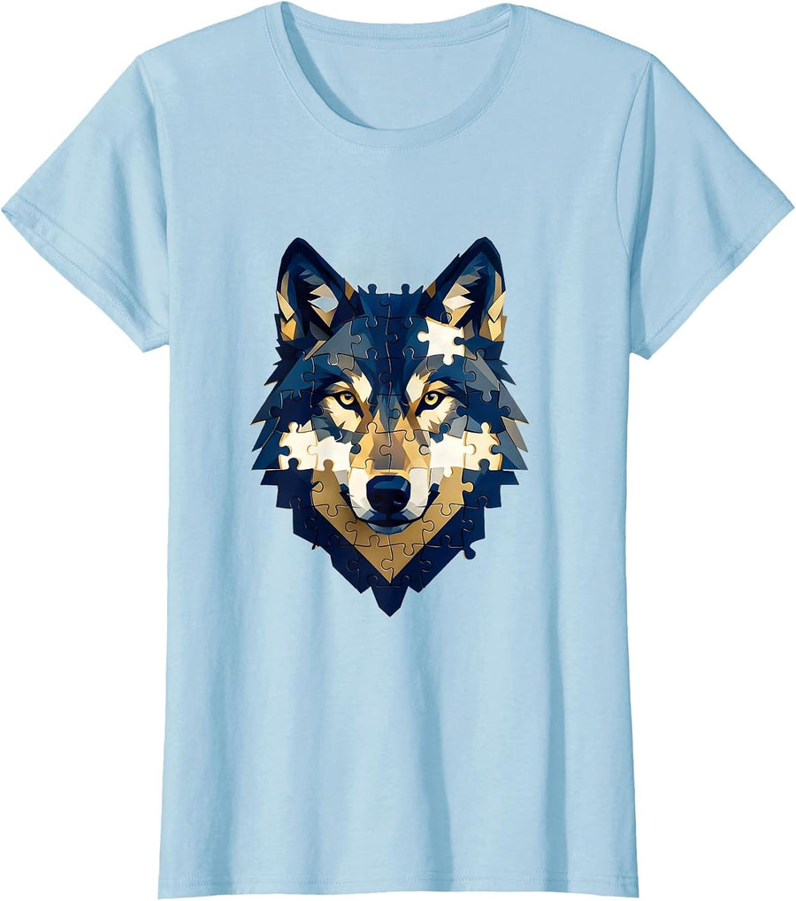 Women's Geometric Puzzle Piece Wolf Autism Awareness T-Shirt - Baby Blue
