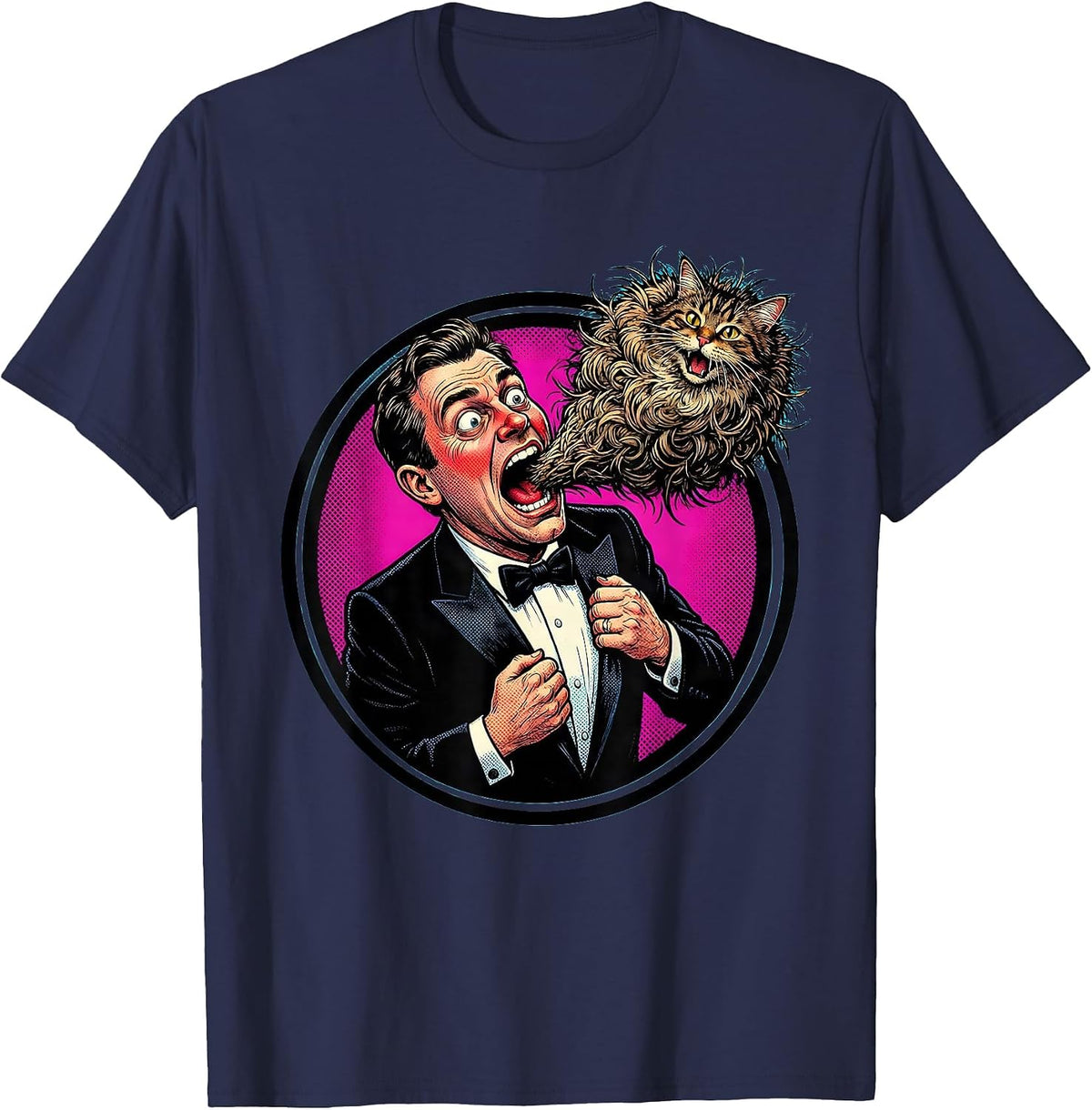Men's Formal Cat Hairball Funny Feline Tuxedo Design T-Shirt - Navy Blue