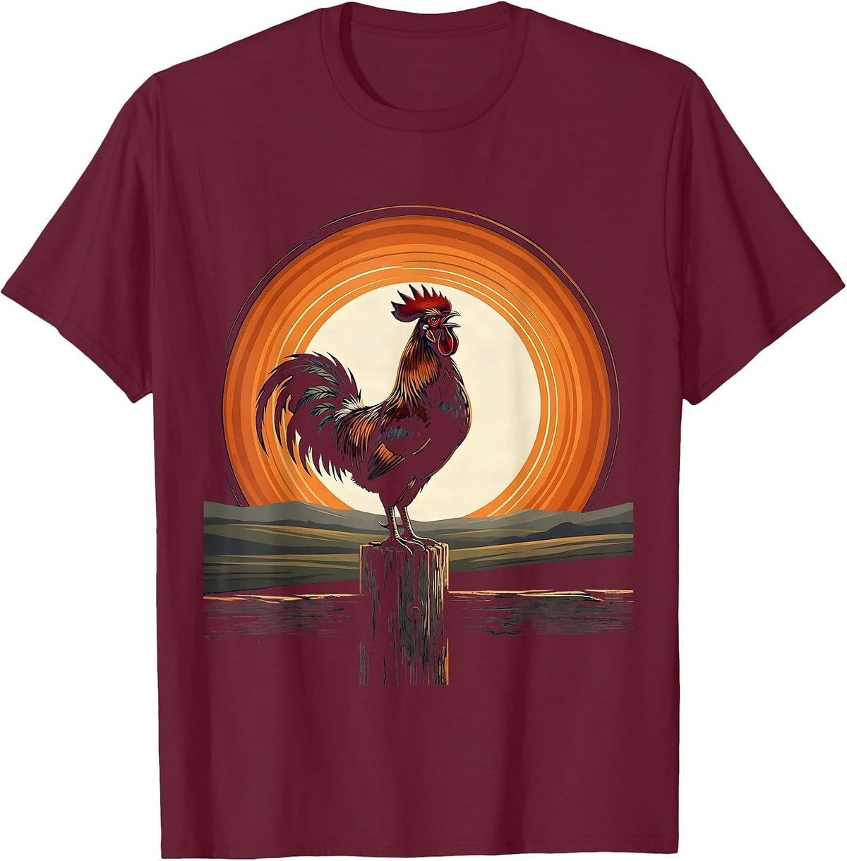 Men's Rooster Crowing on Fence Post Graphic T-Shirt - Burgundy
