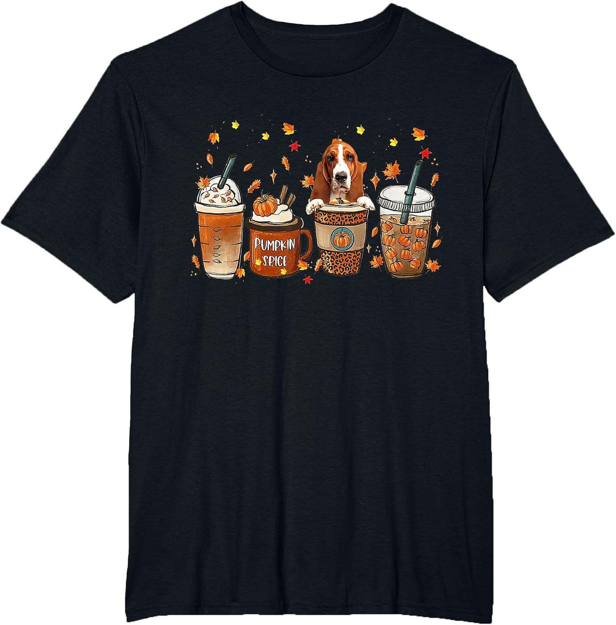 Basset Hound Fall Coffee Pumpkin Spice Latte Iced Autumn T-Shirt - Black