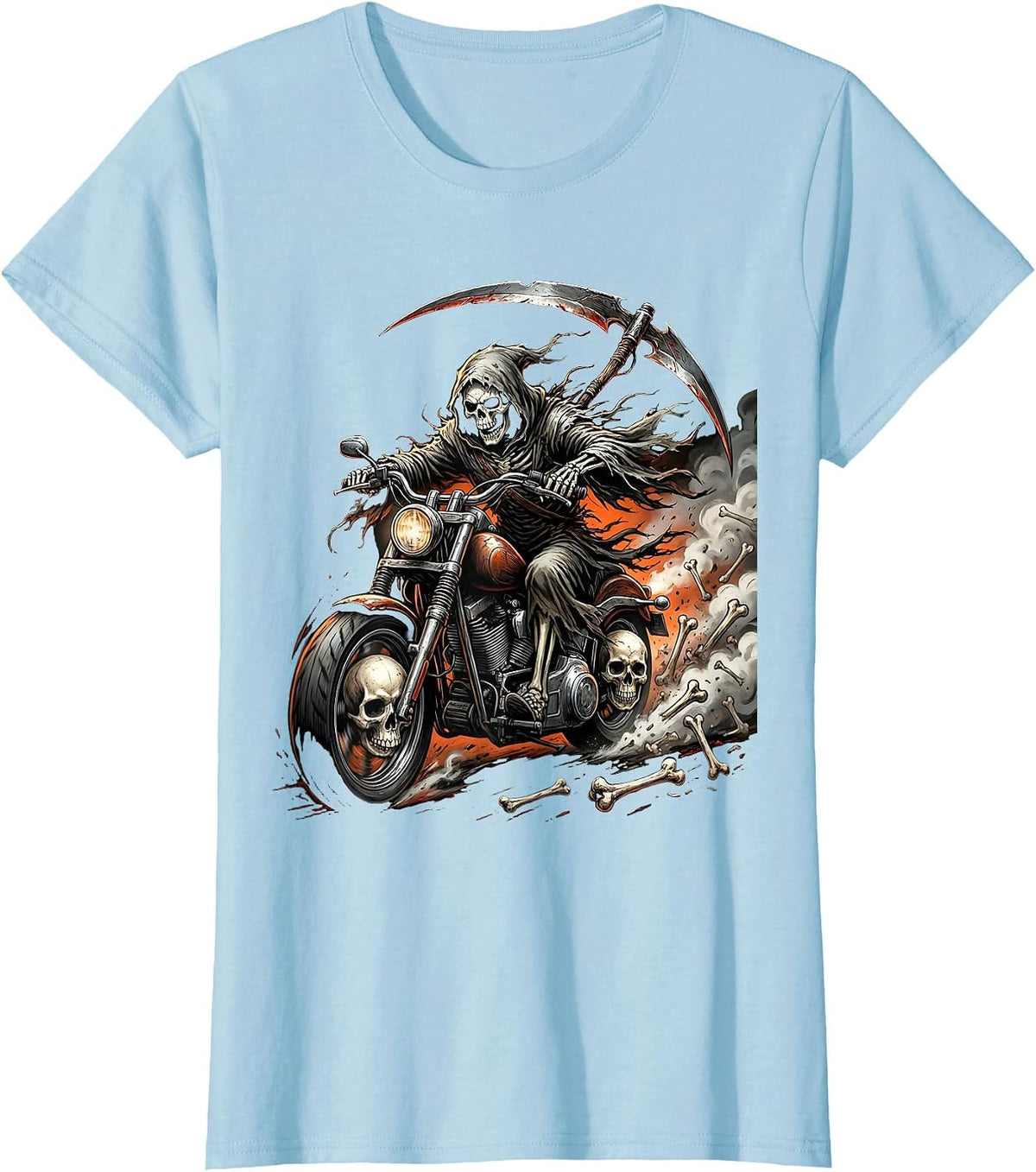 Grim Reaper Motorcycle Rider Halloween Graphic T-Shirt - Baby Blue