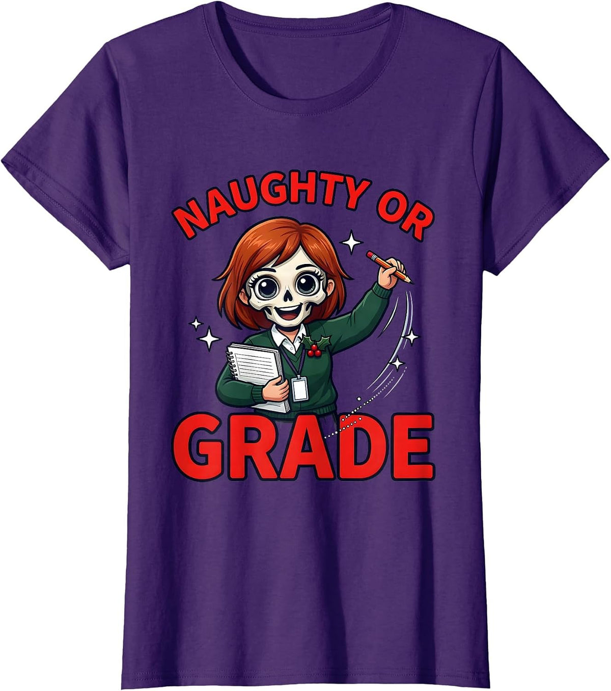 Women's NAUGHTY OR GRADE Funny Teacher Christmas T-Shirt - Purple