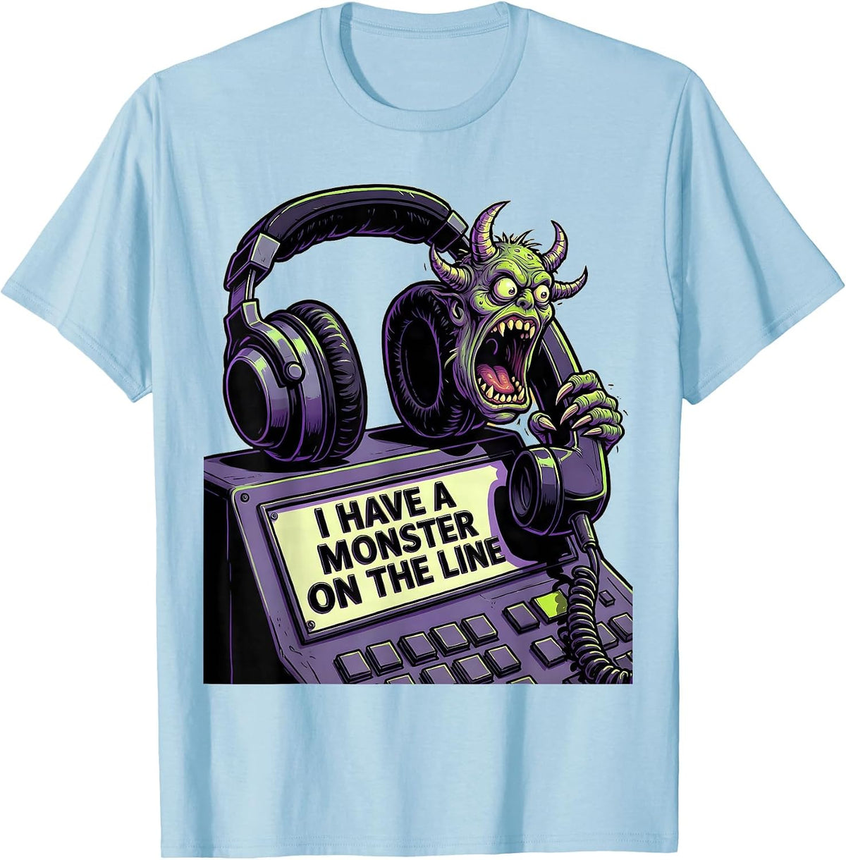Men's I Have A Monster On The Line Cartoon Halloween Dispatcher T-Shirt - Baby Blue