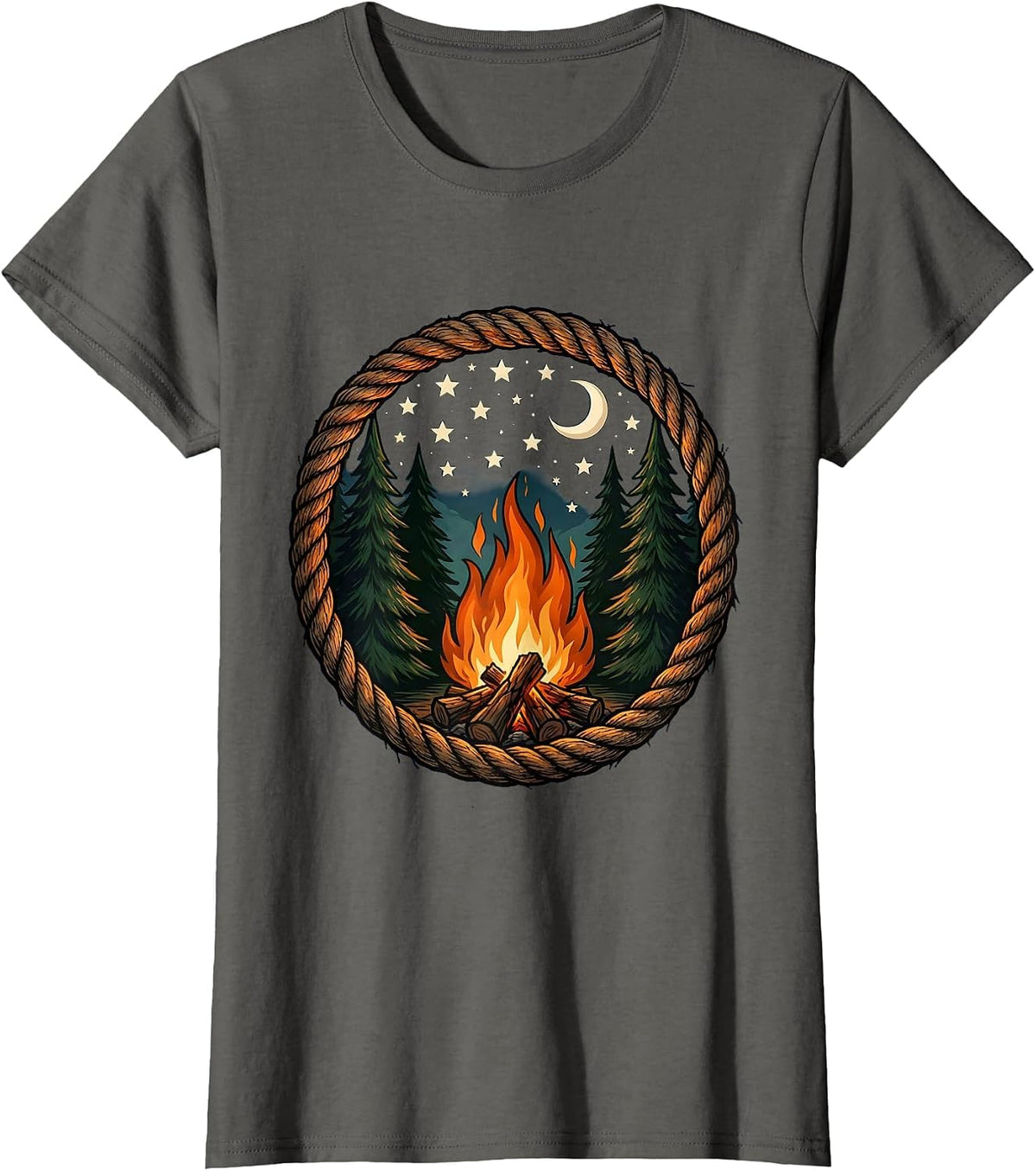 Women's Campfire Under a Starry Night Sky Illustration T-Shirt - Asphalt Grey