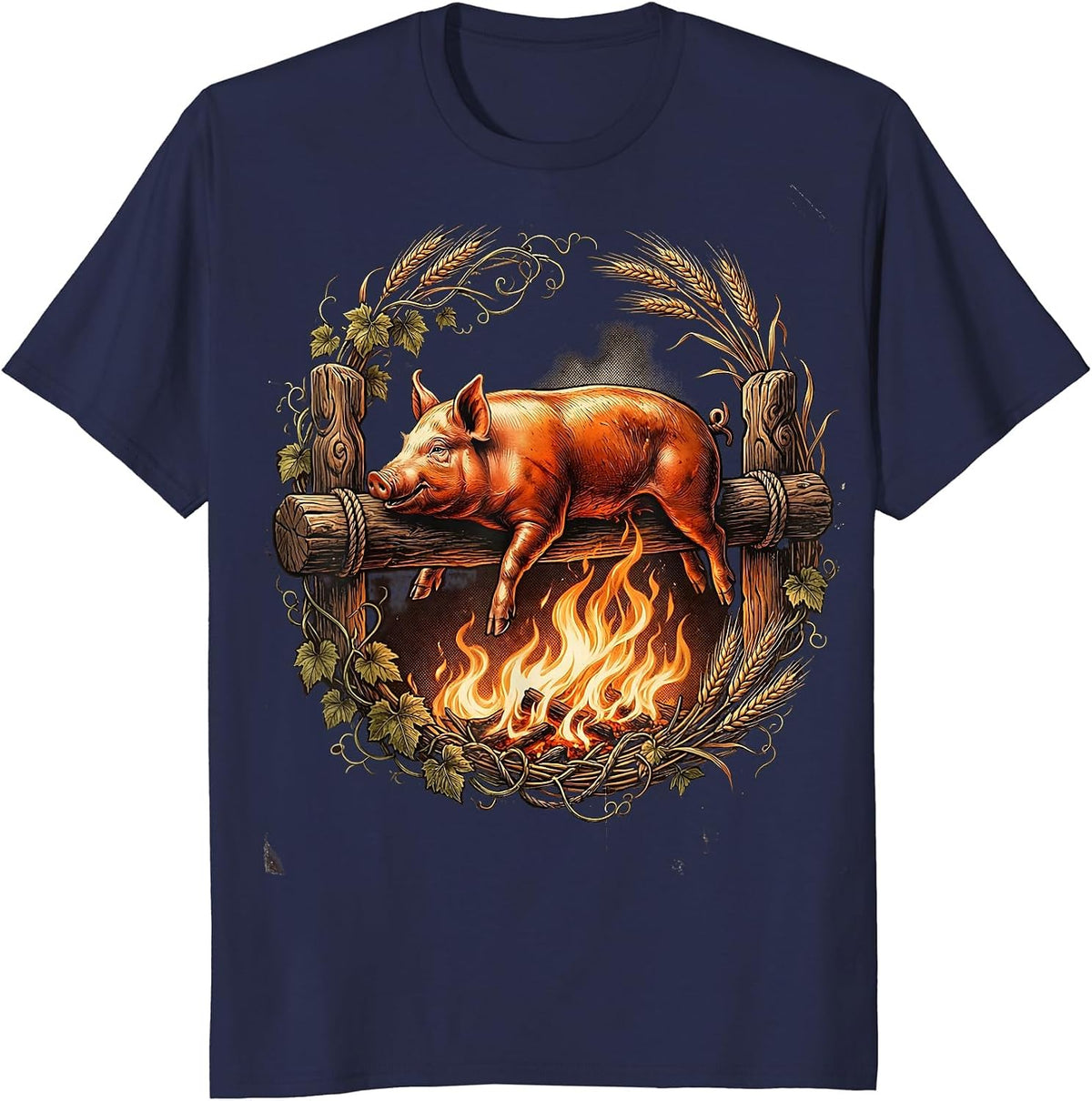 Oktoberfest Roasted Pig on Spit Illustration T-Shirt - Navy Blue