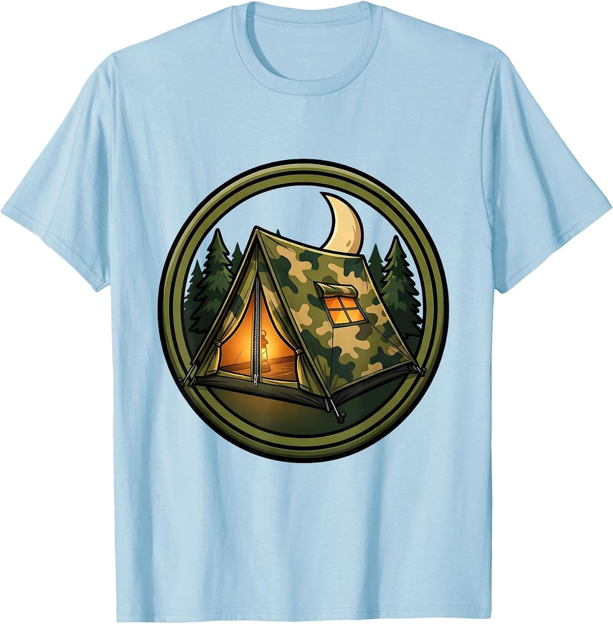 Men's Camo Tent Glowing Lantern Light Camping Graphic T-Shirt - Baby Blue