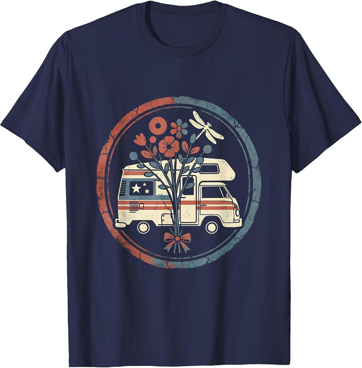 Red White and Blue Vintage Camper Van Illustration T-Shirt - Navy Blue