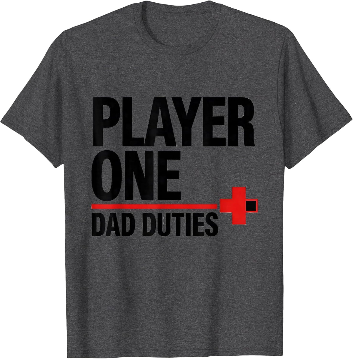 Men's Player One Dad Duties Funny Gamer Dad Matching Video Game T-Shirt - Dark Heather Grey
