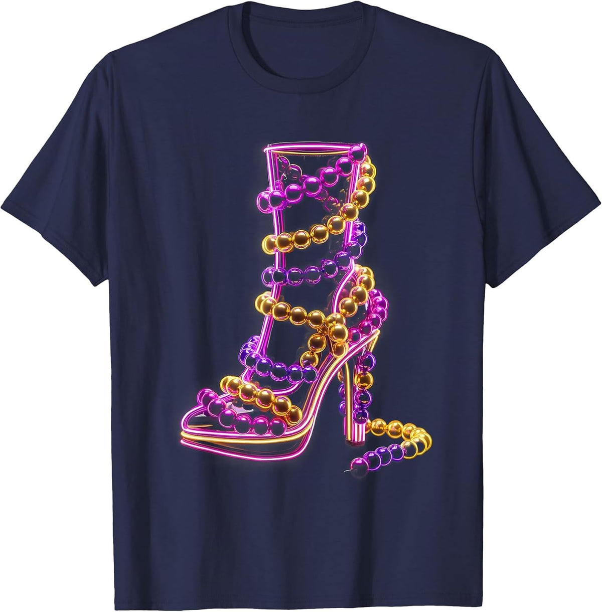 Mardi Gras Beads High Heel Boot Graphic Tee T-Shirt - Navy Blue