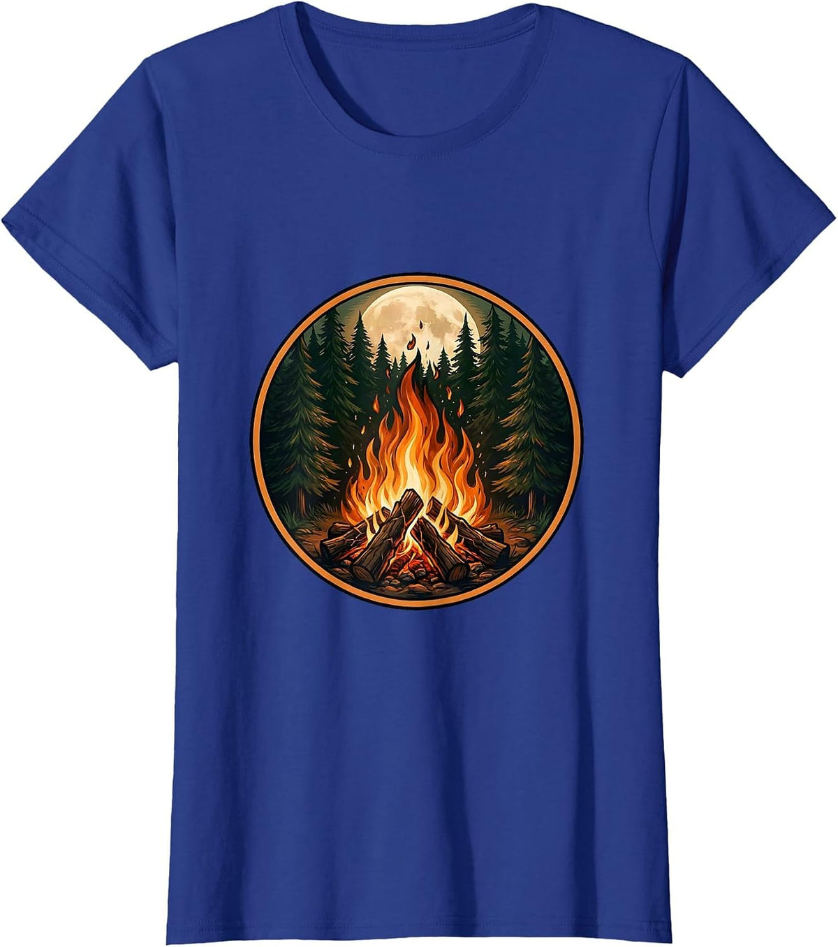 Women's Campfire Glow Dark Pine Forest Wilderness Design T-Shirt - Royal Blue