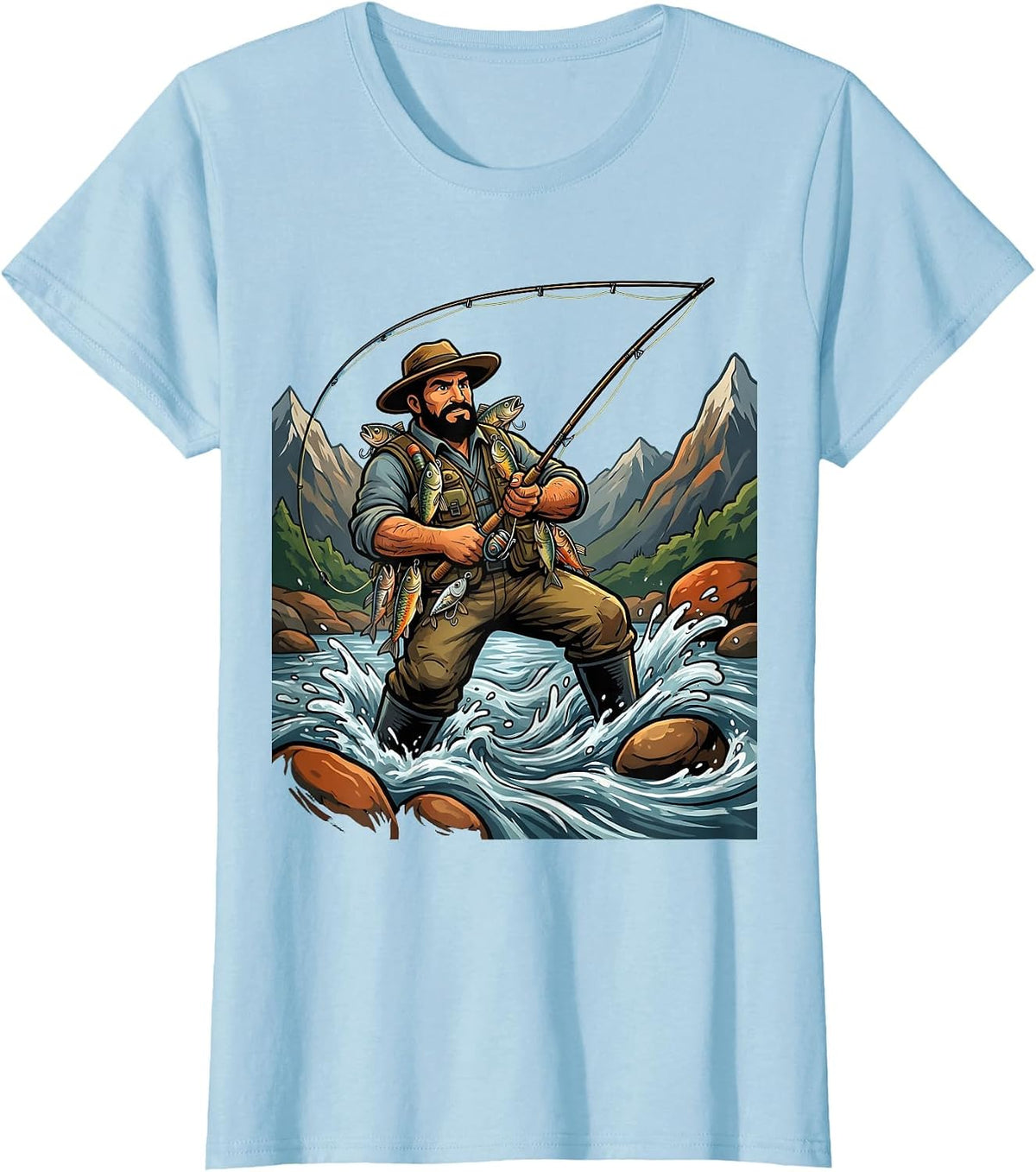Fly Fisherman in Mountain Stream Graphic T-Shirt - Baby Blue
