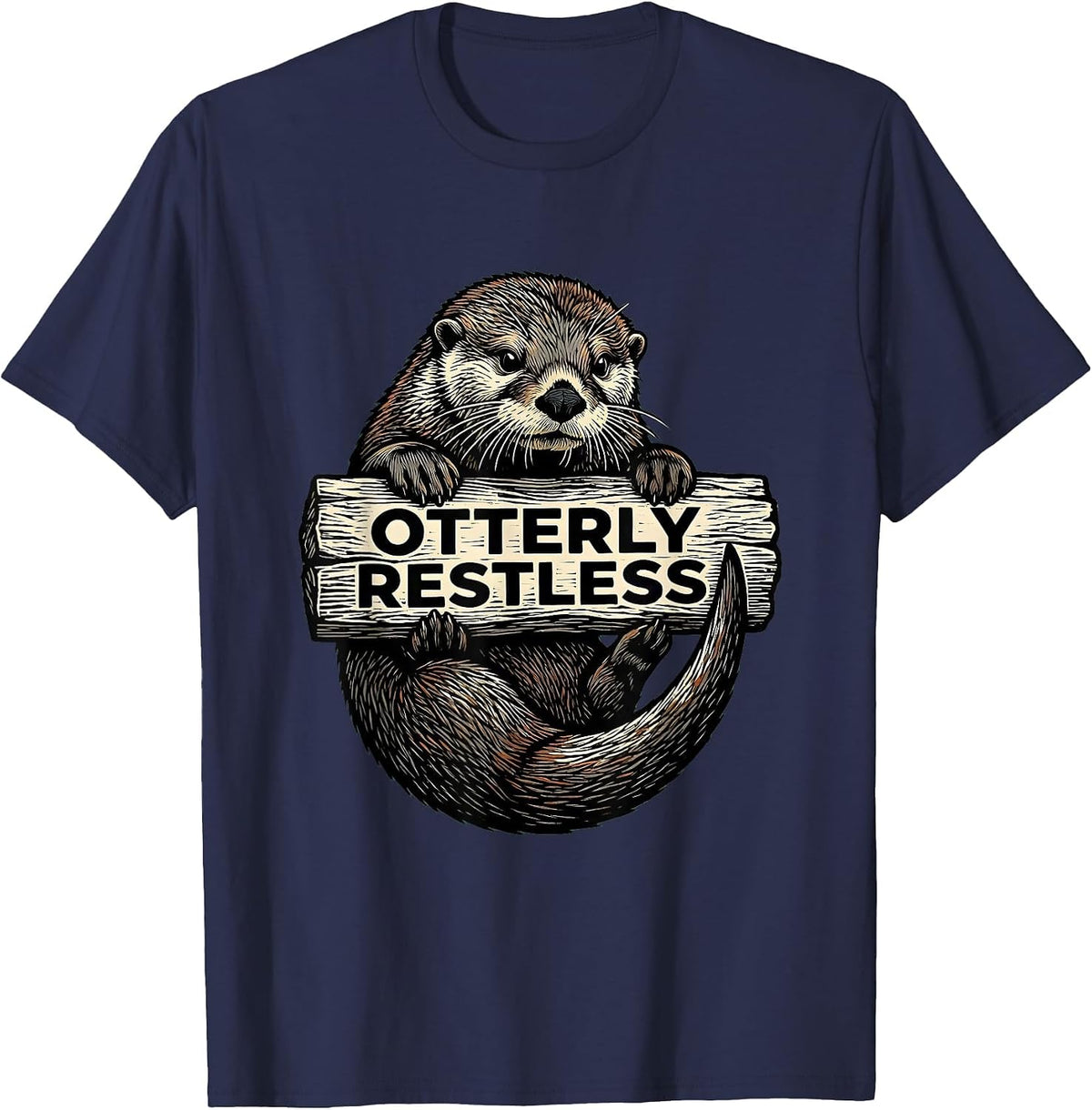 Men's Otterly Restless Funny Otter Lover Linocut Humor Gift T-Shirt - Navy Blue