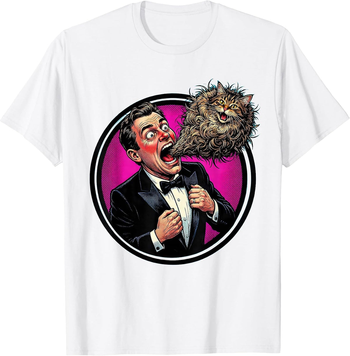 Men's Formal Cat Hairball Funny Feline Tuxedo Design T-Shirt - White