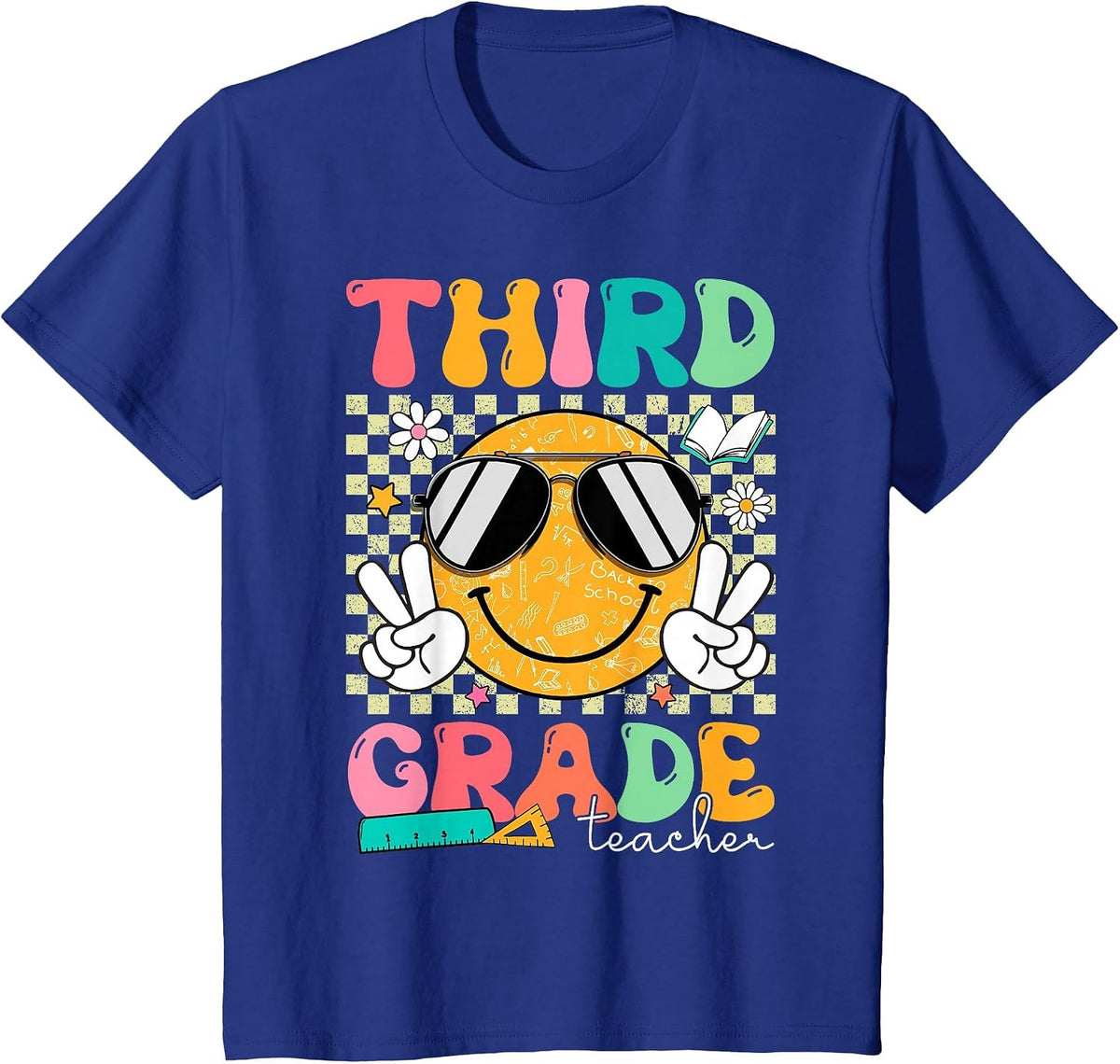 Third 3rd Grade Teacher Smile Face Back to School Groovy T-Shirt - Royal Blue