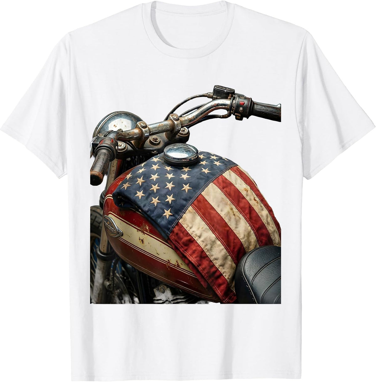 Men's American Flag Draped Motorcycle Gas Tank T-Shirt - White